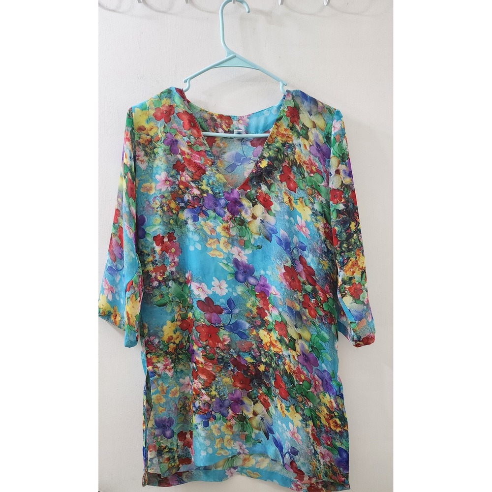 Maar Swimwear Floral V-Neck Tunic Top Blue Multi 3/4 Sleeve Side Slit Blouse